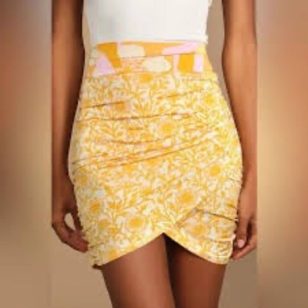 Free People She's Something Else Yellow Floral Print Bodycon Mini Skirt Sz S